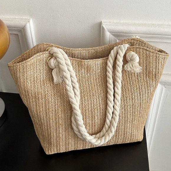Rouge! Handbags - Medium Tote Straw Bag Khaki Beige Lined Rope Handles Beach Summer
